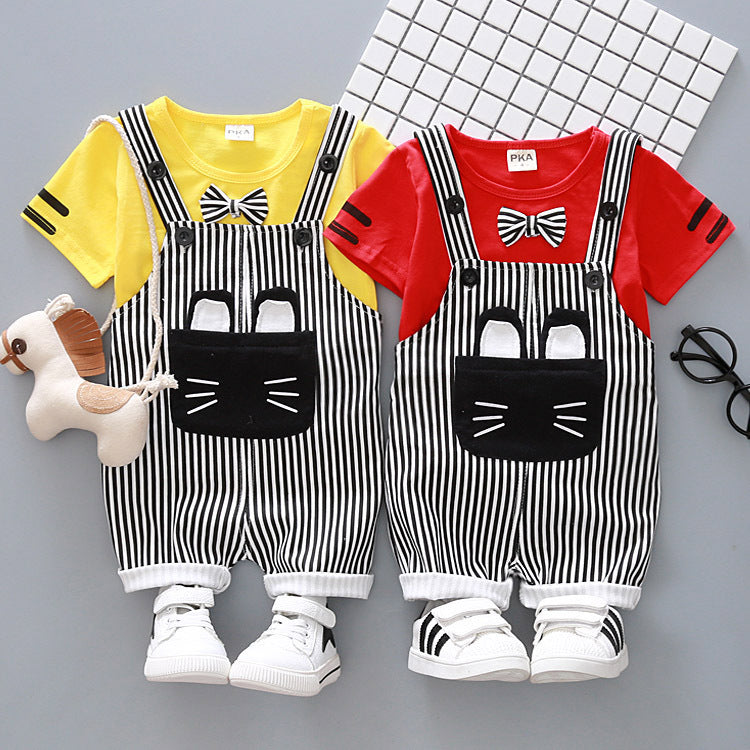 Boys Cartoon Suspender Outfit with soft cotton fabric, cute cartoon design, and stylish two-piece suspender set for babies and toddlers
