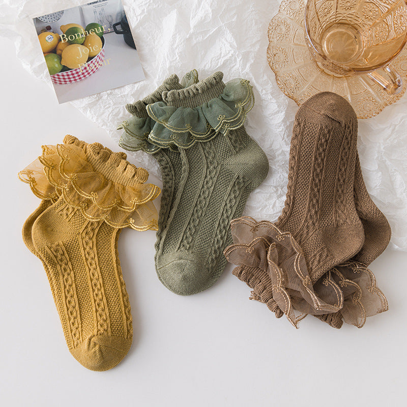 Girls Lolita Lace Socks with soft cotton fabric, elegant lace ruffles, and princess style for school, parties, and everyday wear