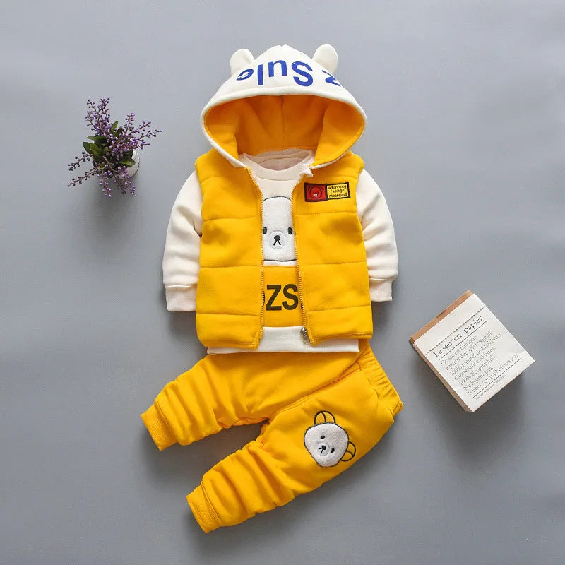 Baby Hooded Tracksuit Set with hooded vest, long sleeve T-shirt, and pants for baby boys and girls