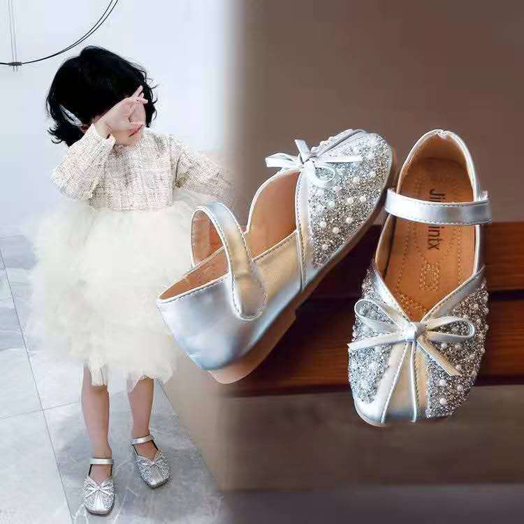 Spring Autumn New Soft Bottom Rhinestone Bow Leather Children Shoes Slip Girls Shoes for Kids Flats