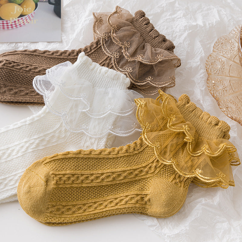 Girls Lolita Lace Socks with soft cotton fabric, elegant lace ruffles, and princess style for school, parties, and everyday wear