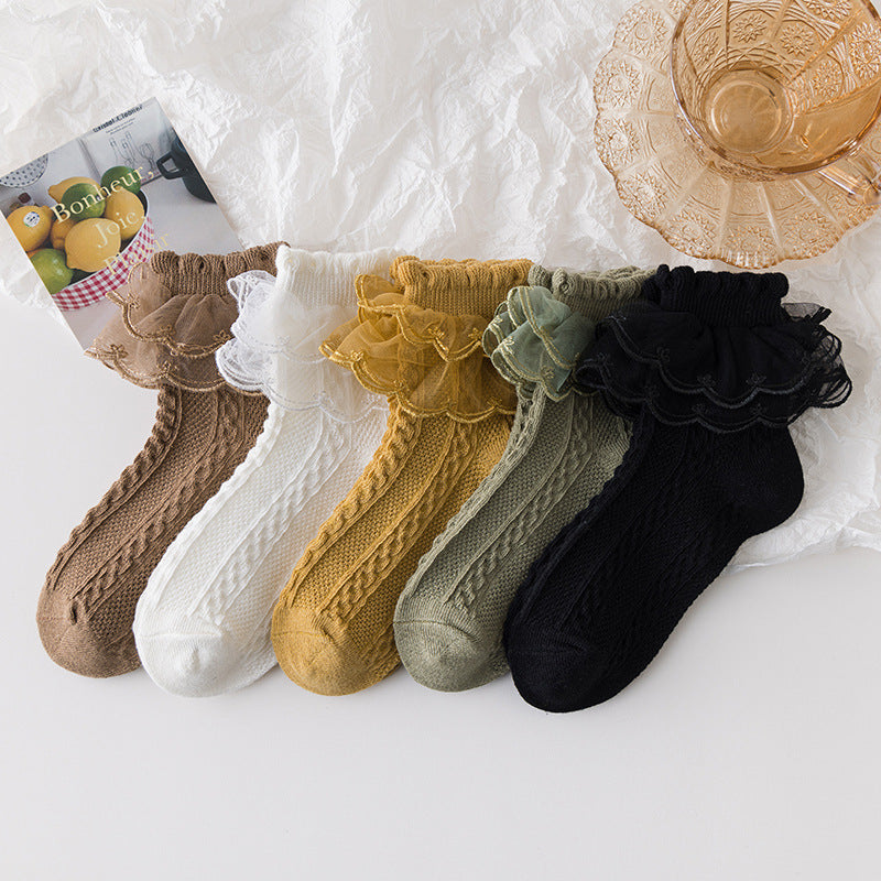 Girls Lolita Lace Socks with soft cotton fabric, elegant lace ruffles, and princess style for school, parties, and everyday wear